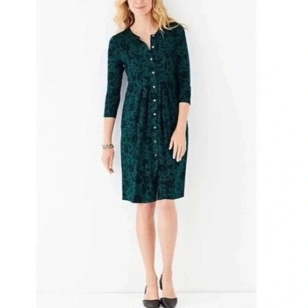 J Jill Dark Floral Pleated Button Down Soft Stretch Midi Dresss